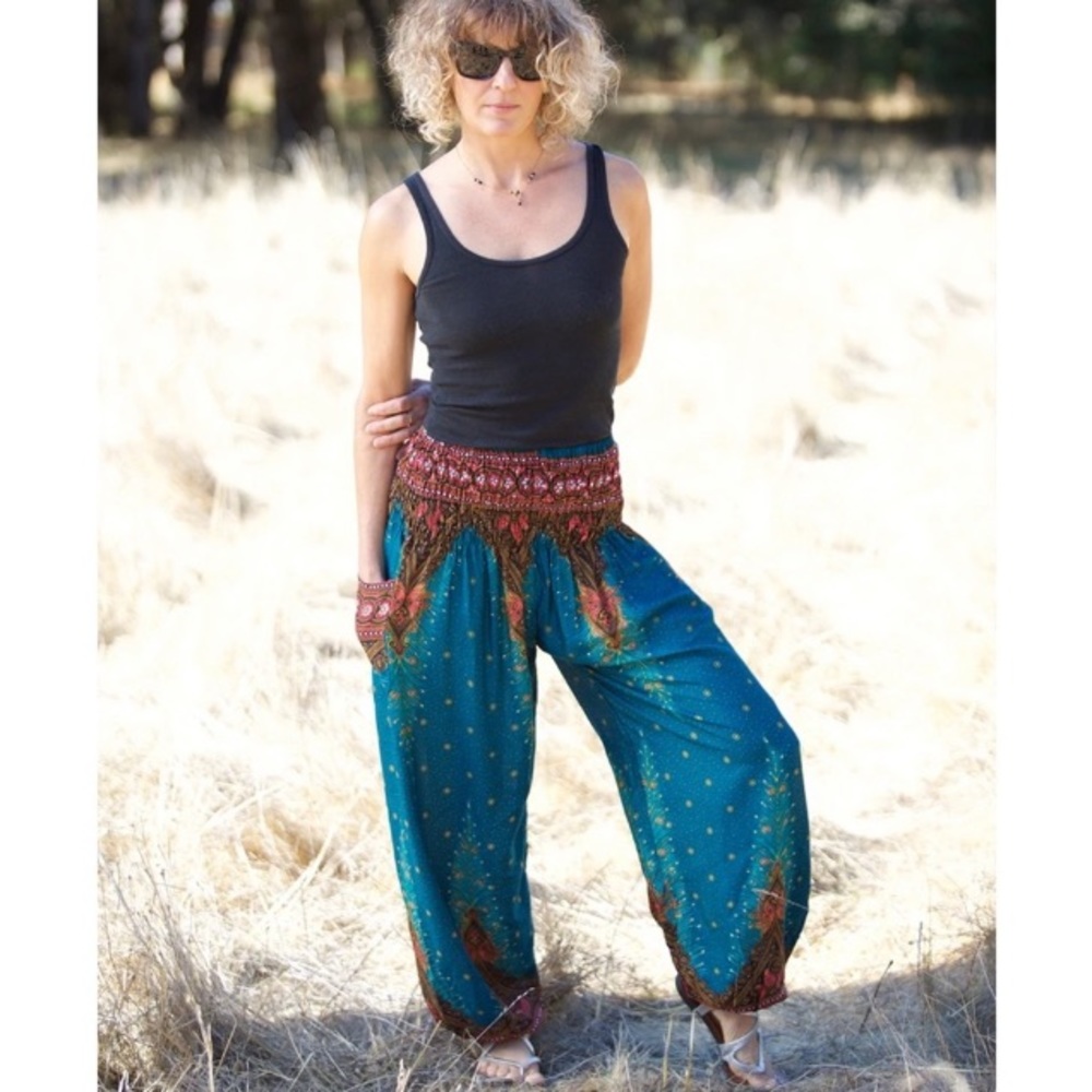 Thai Harem Pants Teal Green Peacock Print One Size Smocked Waist Hippie Festival